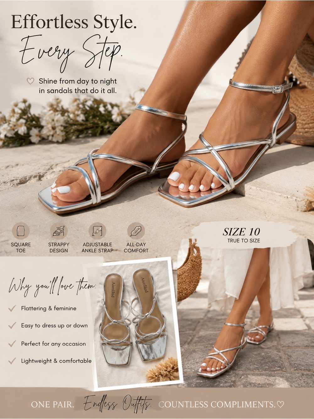 Square-Toe Strappy Ankle Sandals - Silver